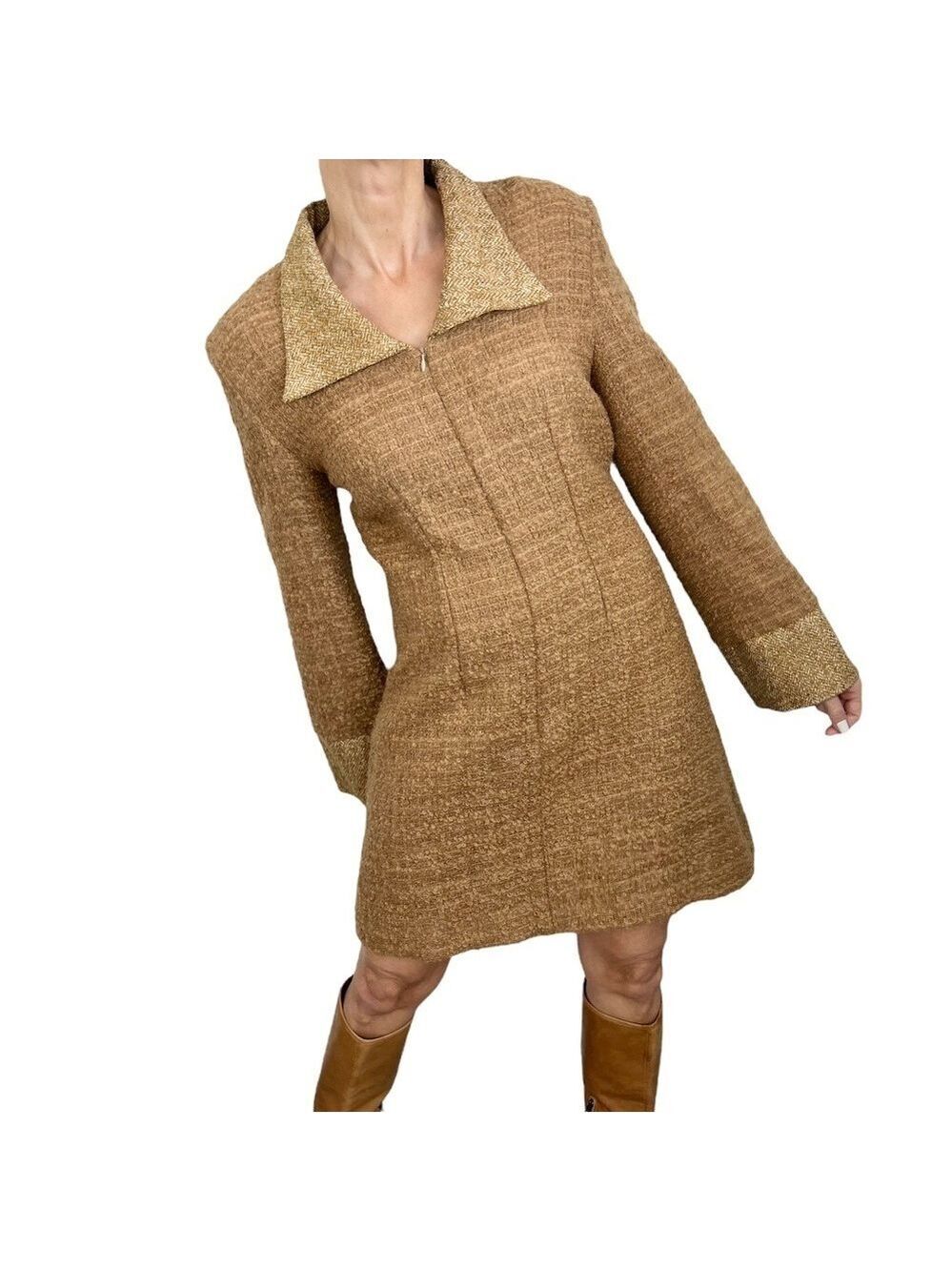 Vintage 60s Mod tan camel boucle tweed long sleeve front zip mini dress S